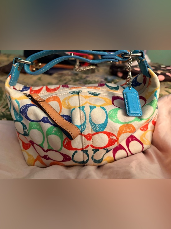 Coach Handbags - Coach Multicolor Signature Canvas mini Bag with Blue Strap and Tan Trim